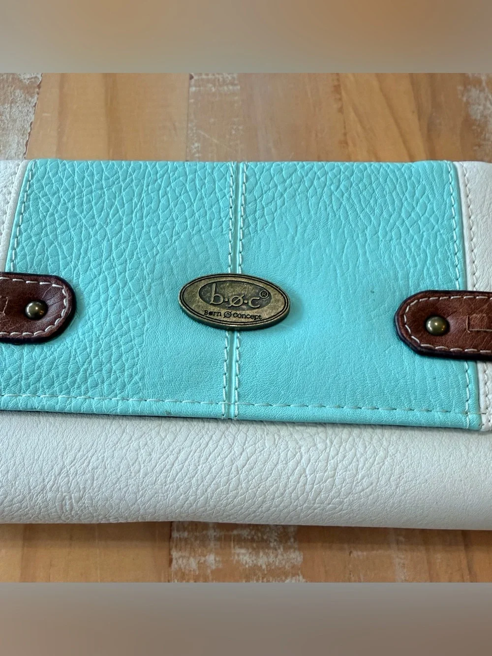 NEW b.o.c. RFID Aqua and Taupe Trifold Wallet with Brown Accents BORN NWT